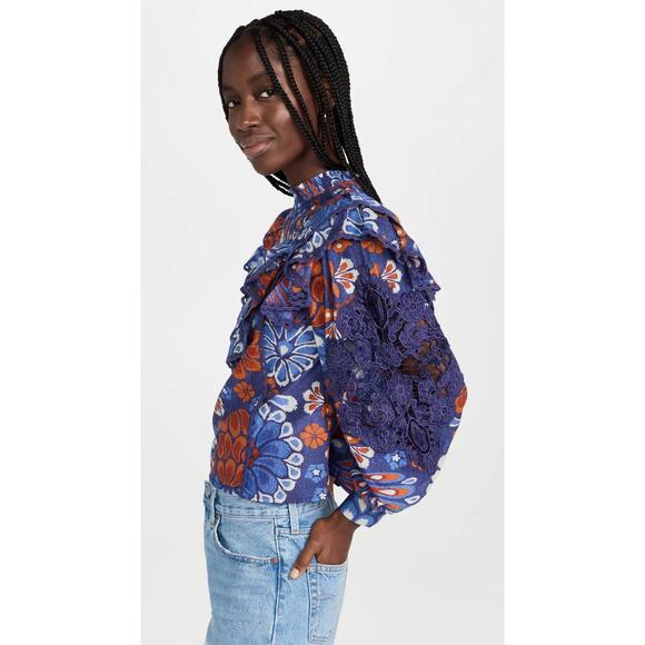 Farm Rio Pineapple Flowers Navy Ruffled Blouse Size XS - Picture 3 of 16